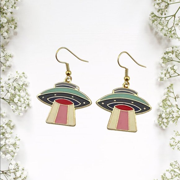 UFO Enamel Earrings Gold Plated Fish Hook Ear Wires Spaceship Earrings - Picture 5 of 10